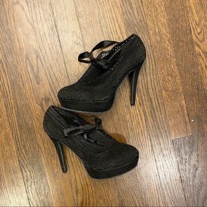 Anne Michelle Black Suede Lasercut Lace Heel Boot